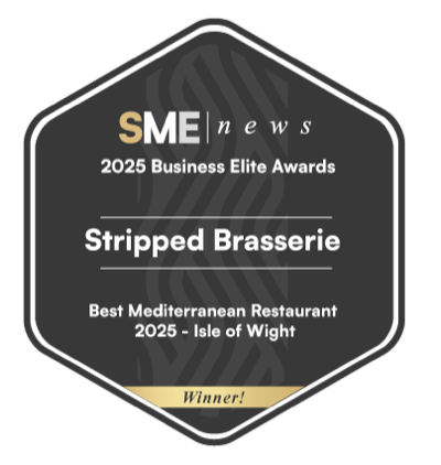 SME News 2025 Business Elite Awards winner badge: Stripped Brasserie, Best Mediterranean Restaurant 2025, Isle of Wight