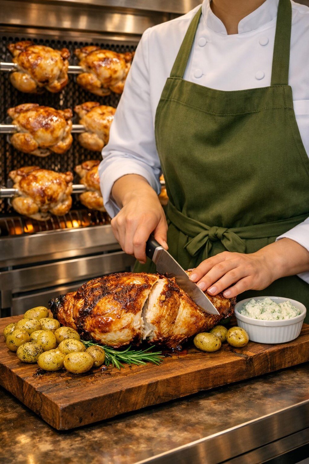 Chef carving rotisserie chicken onto a board with herbed new potatoes